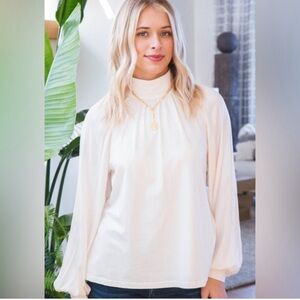 SANCTUARY Sateen mixed media Cream woman Mock neck long sleeve classic top NWT L